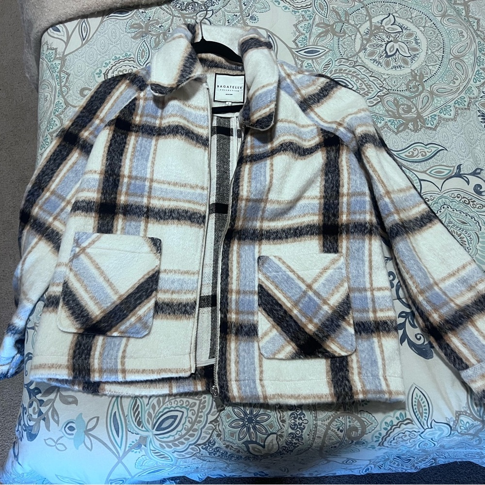 Bagatelle Cream and Brown Plaid Pea Coat